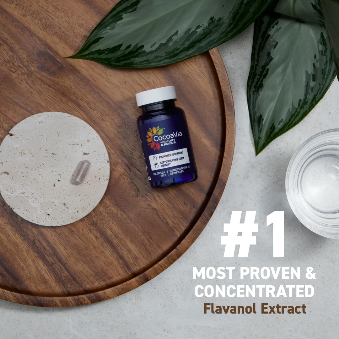 CocoaVia Memory & Focus capsule close-up highlighting flavanol blend for attention.