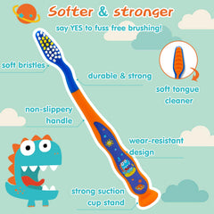 TOOTHBRUSH set with rinse cup and dinosaur design travel pouch