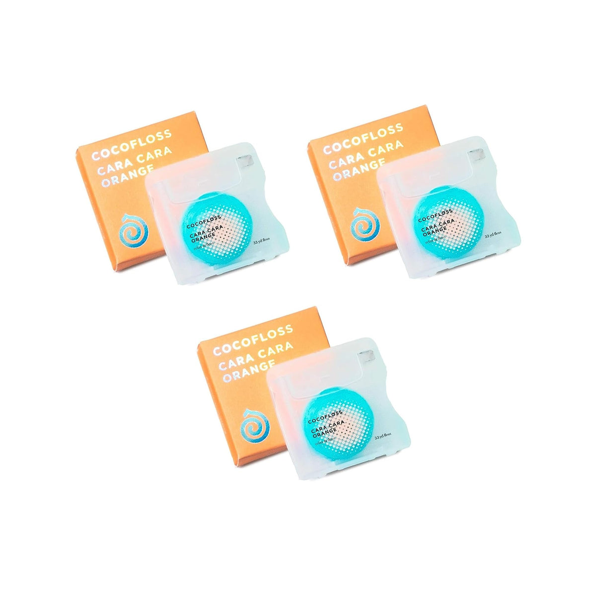 Cocofloss woven dental floss with orange scent on three 33-yard spools