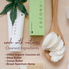 Ingredients include coconut oil and hemp extract