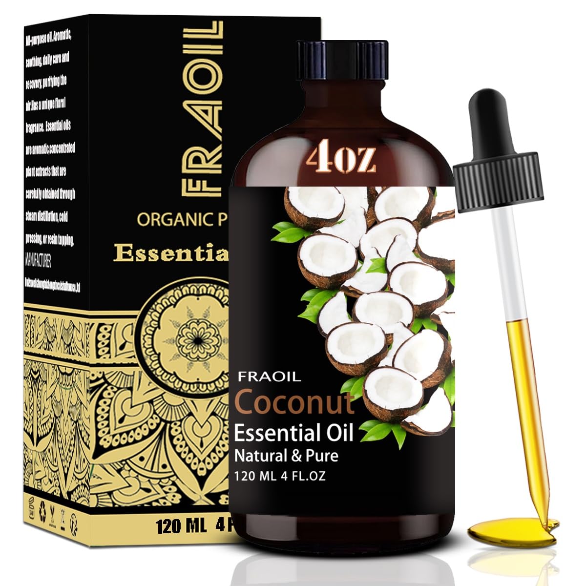 Amber glass bottle of coconut essential oil with a 4 oz (120 ml) capacity and dropper