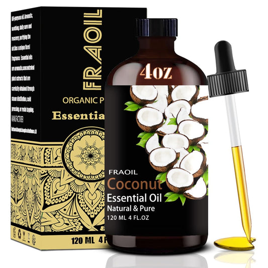 Amber glass bottle of coconut essential oil with a 4 oz (120 ml) capacity and dropper