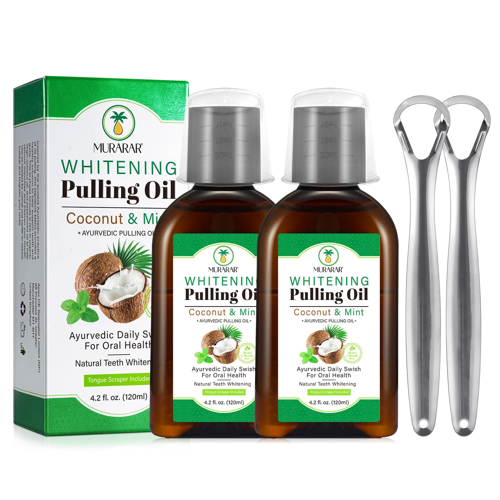 Coconut Mint Oil Pulling Mouthwash bottle with a measuring cup