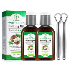 Coconut Mint Oil Pulling Mouthwash bottle with a measuring cup