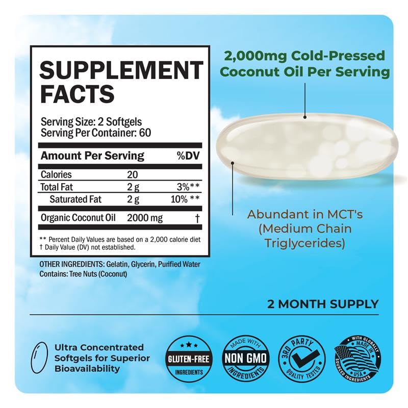 Close-up of white coconut oil softgels inside a bottle