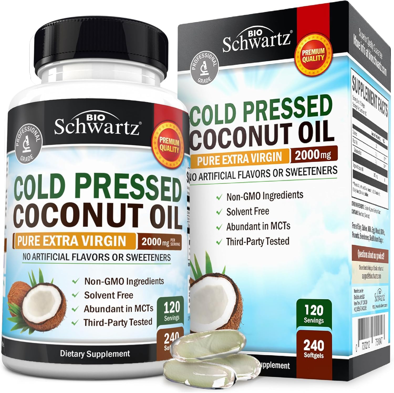 Coconut Oil Capsules 2000mg bottle - front view