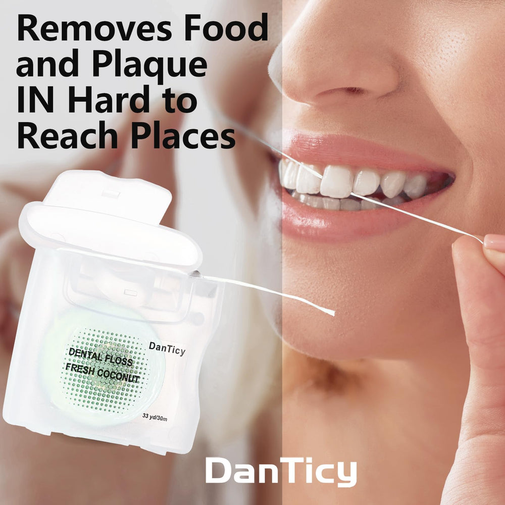 Product line showing seven-pack coconut oil dental floss