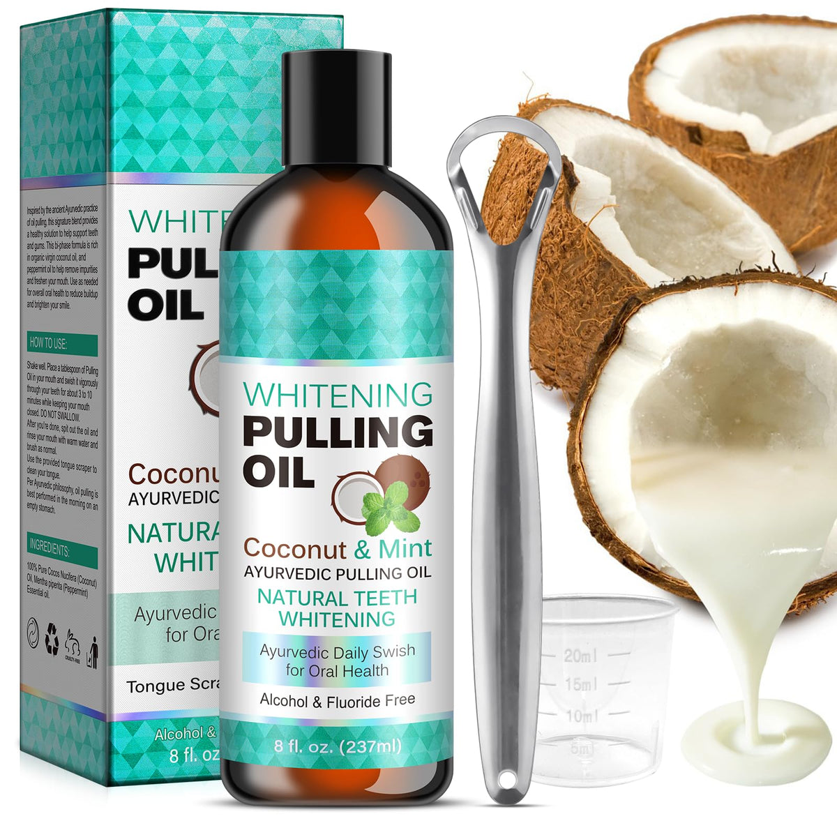 Coconut Oil Pulling bottle with peppermint in the foreground