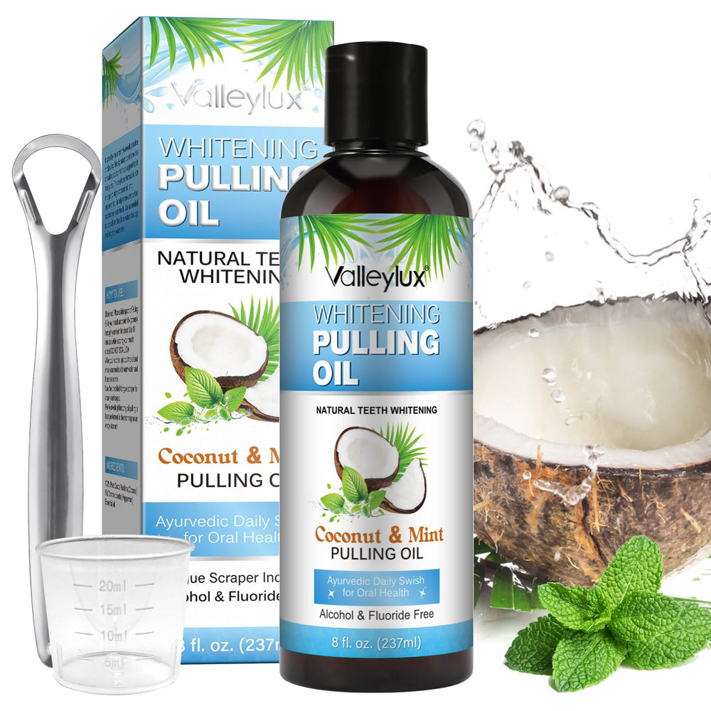 Coconut oil pulling mouthwash bottle with blue label 237ml