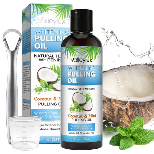 Coconut oil pulling mouthwash bottle with blue label 237ml