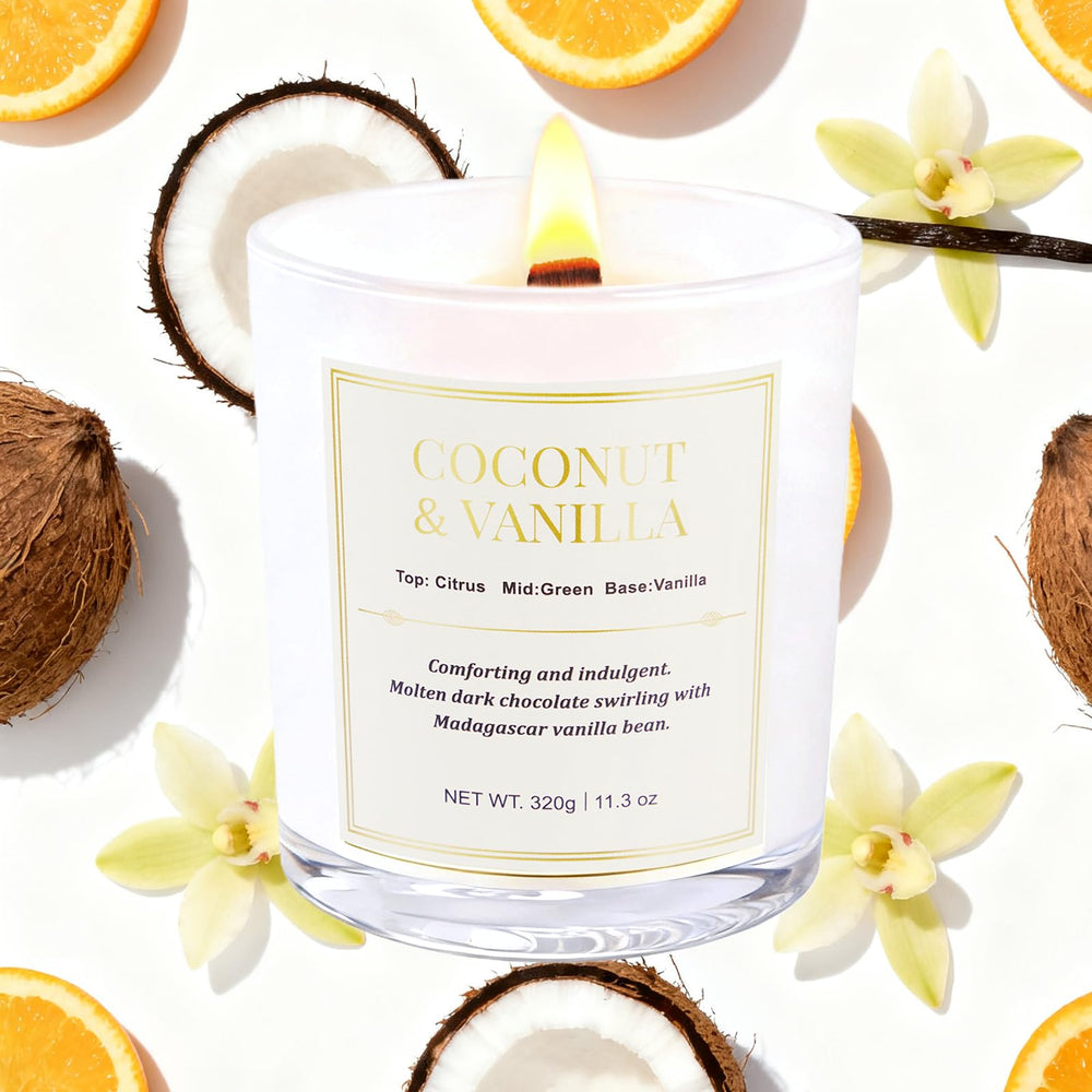 Coconut and vanilla scented candles in gift-ready packaging