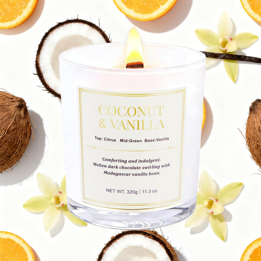 Coconut and vanilla scented candles in gift-ready packaging