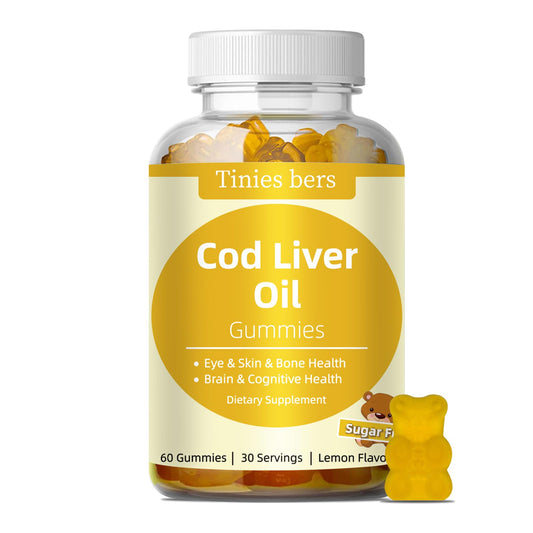 Bottle of Tinies bers Cod Liver Oil Gummies 1000mg with lemon flavor, 60-count