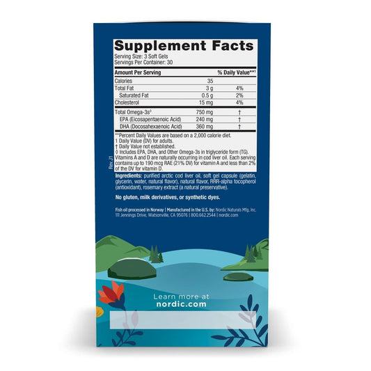 Close-up illustration of cod liver oil delivering 750 mg Omega-3s EPA and DHA