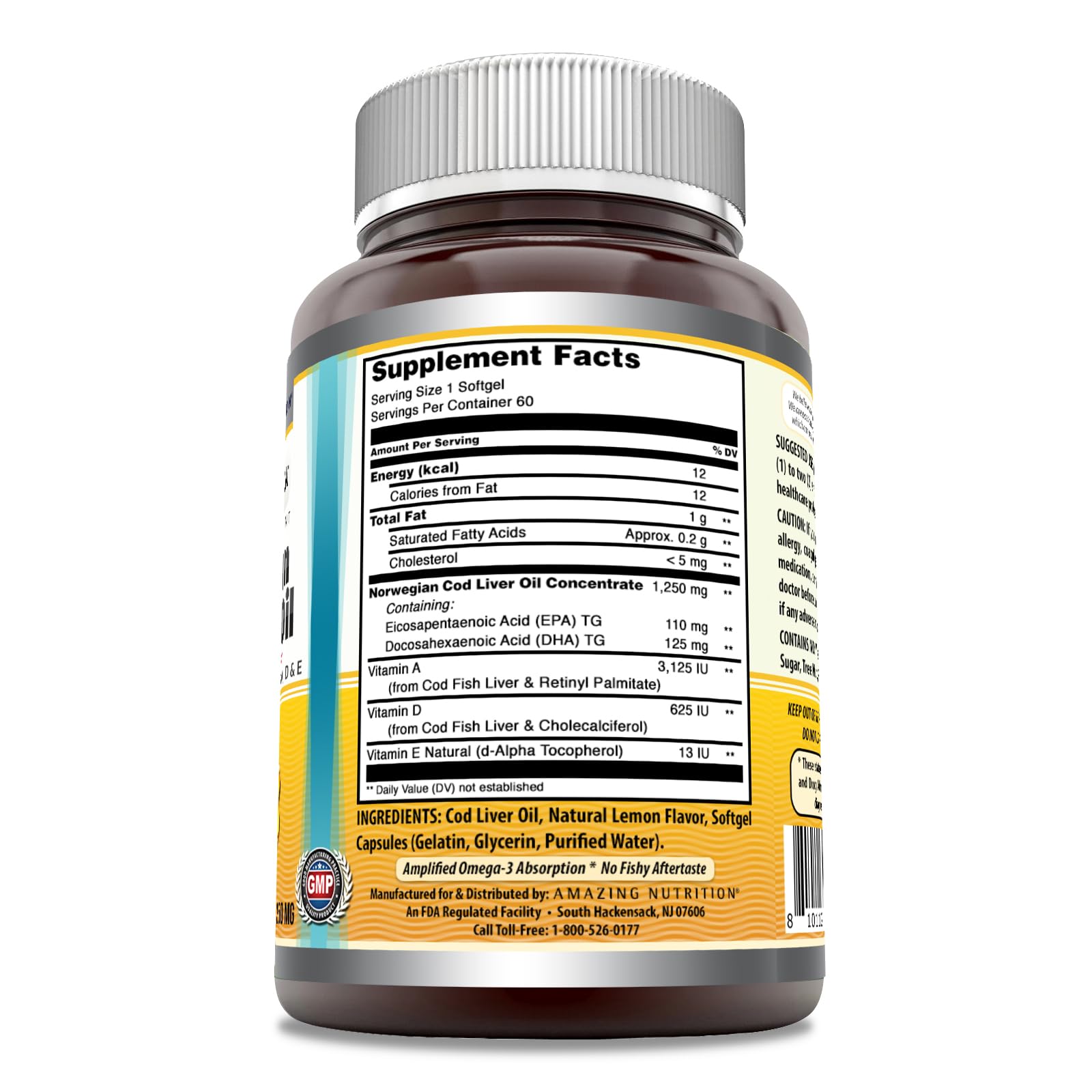 Cod liver oil softgels with 1250 mg per serving for Omega-3 EPA and DHA