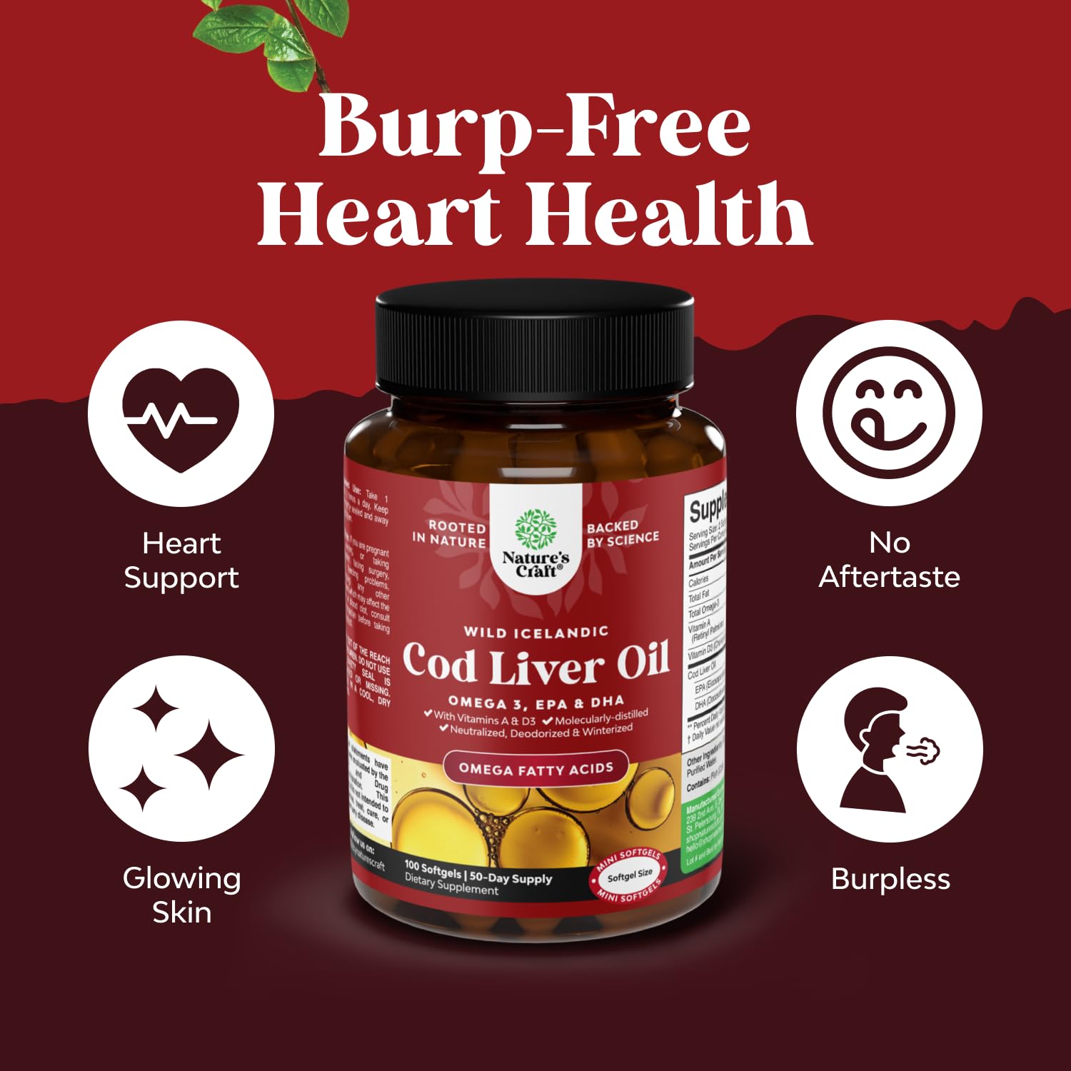 Packaging highlighting heart, brain, and joint health benefits