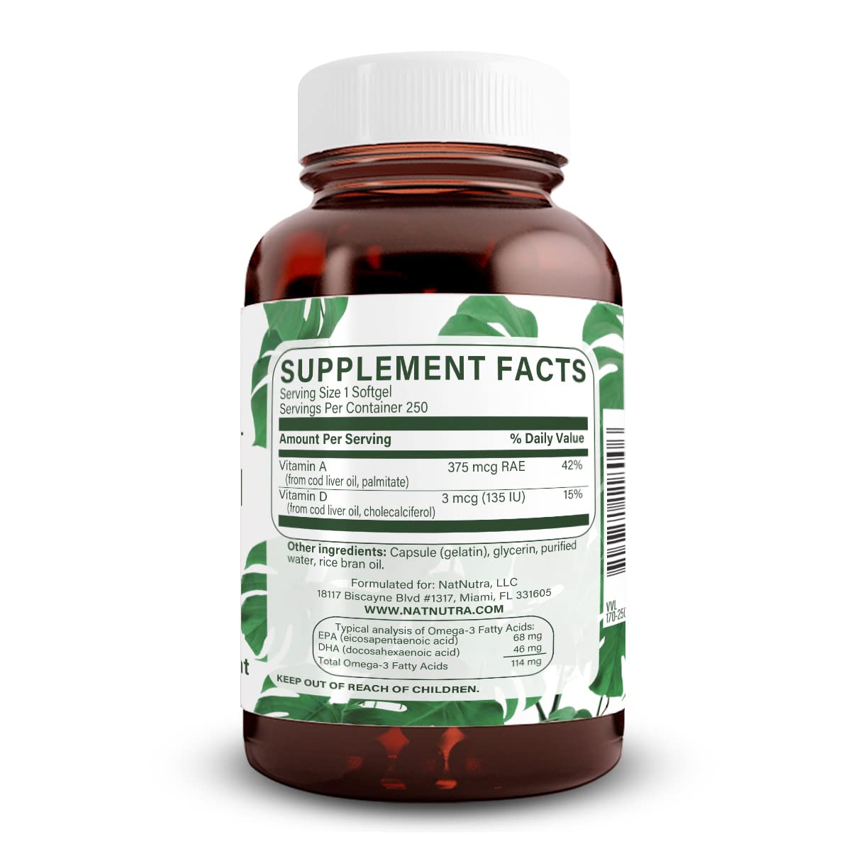Amber glass bottle of Natural Nutra Cod Liver Oil softgels