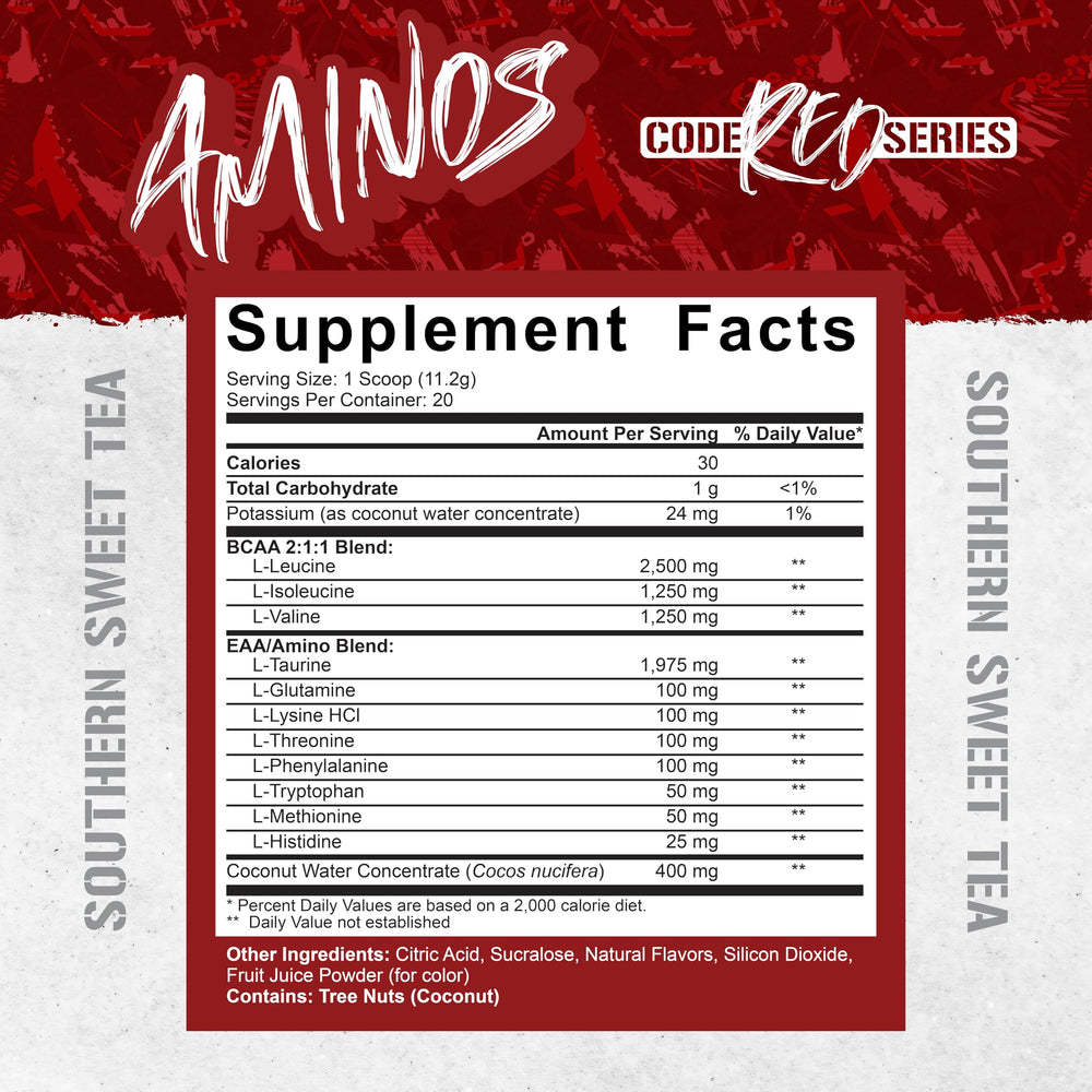 Back label with ingredients and nutrition facts for Code Red Aminos