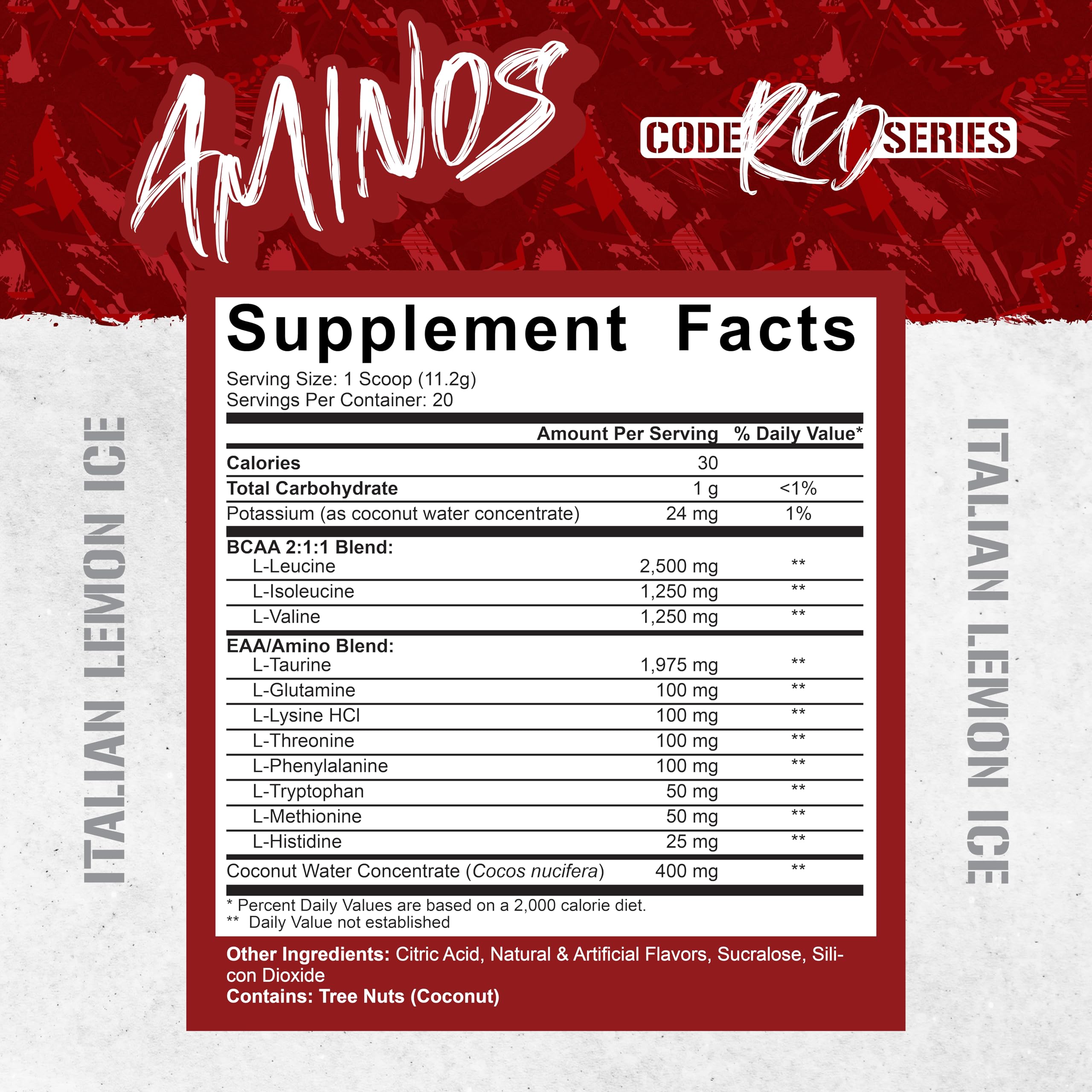 Side view of Code Red Aminos bottle with Italian Lemon Ice label