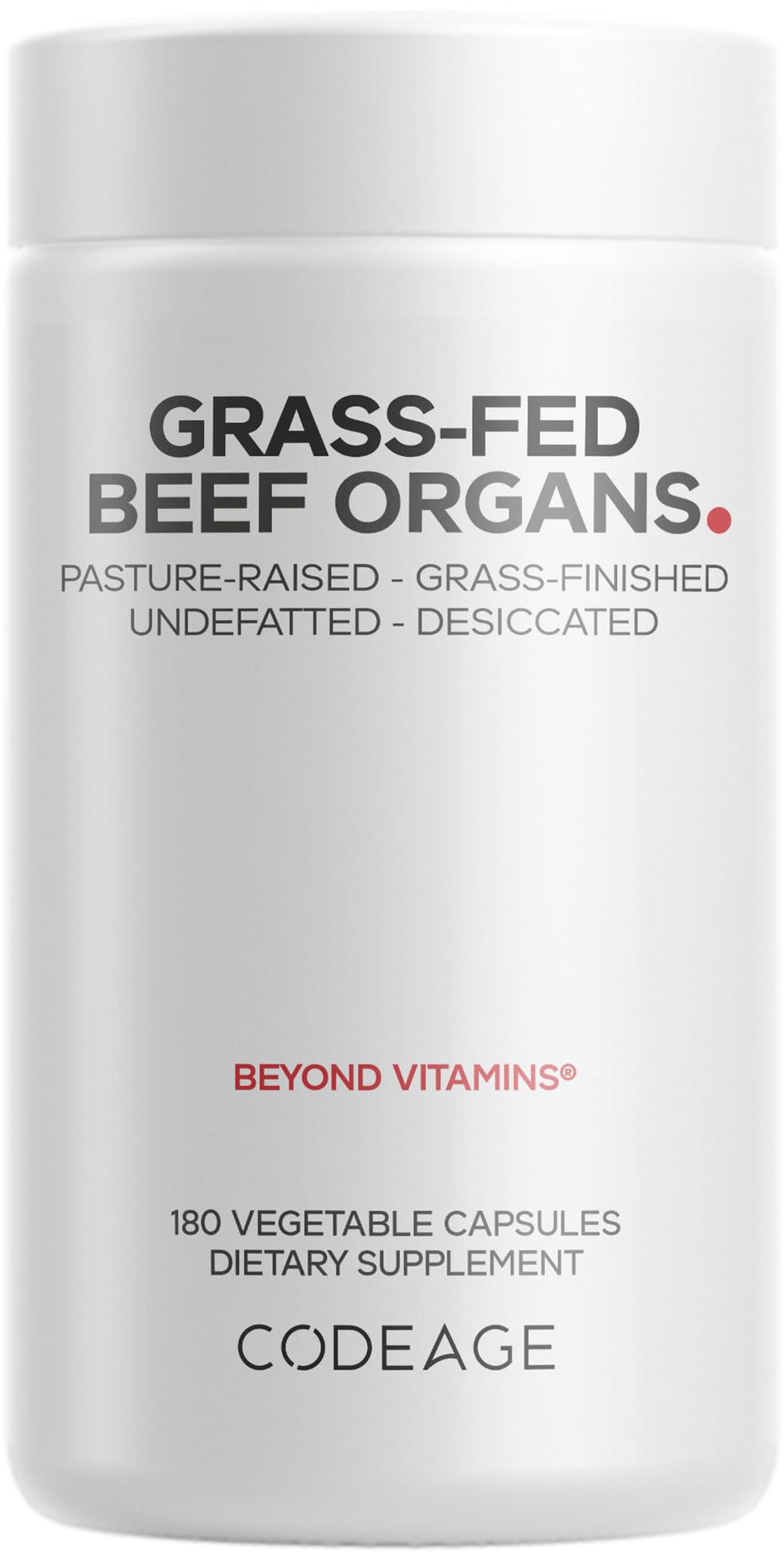 Front view of Codeage Grass-Fed Beef Organs bottle label