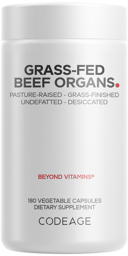 Front view of Codeage Grass-Fed Beef Organs bottle label