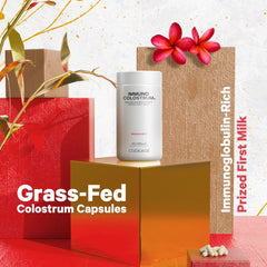 Close-up of ingredients: vitamins, minerals, immunoglobulins, growth factors