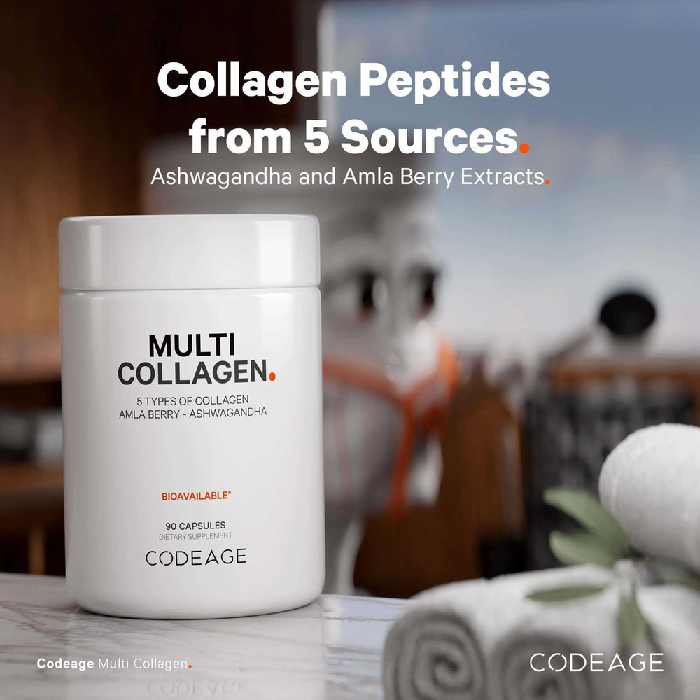 Grass-fed collagen capsules on white background