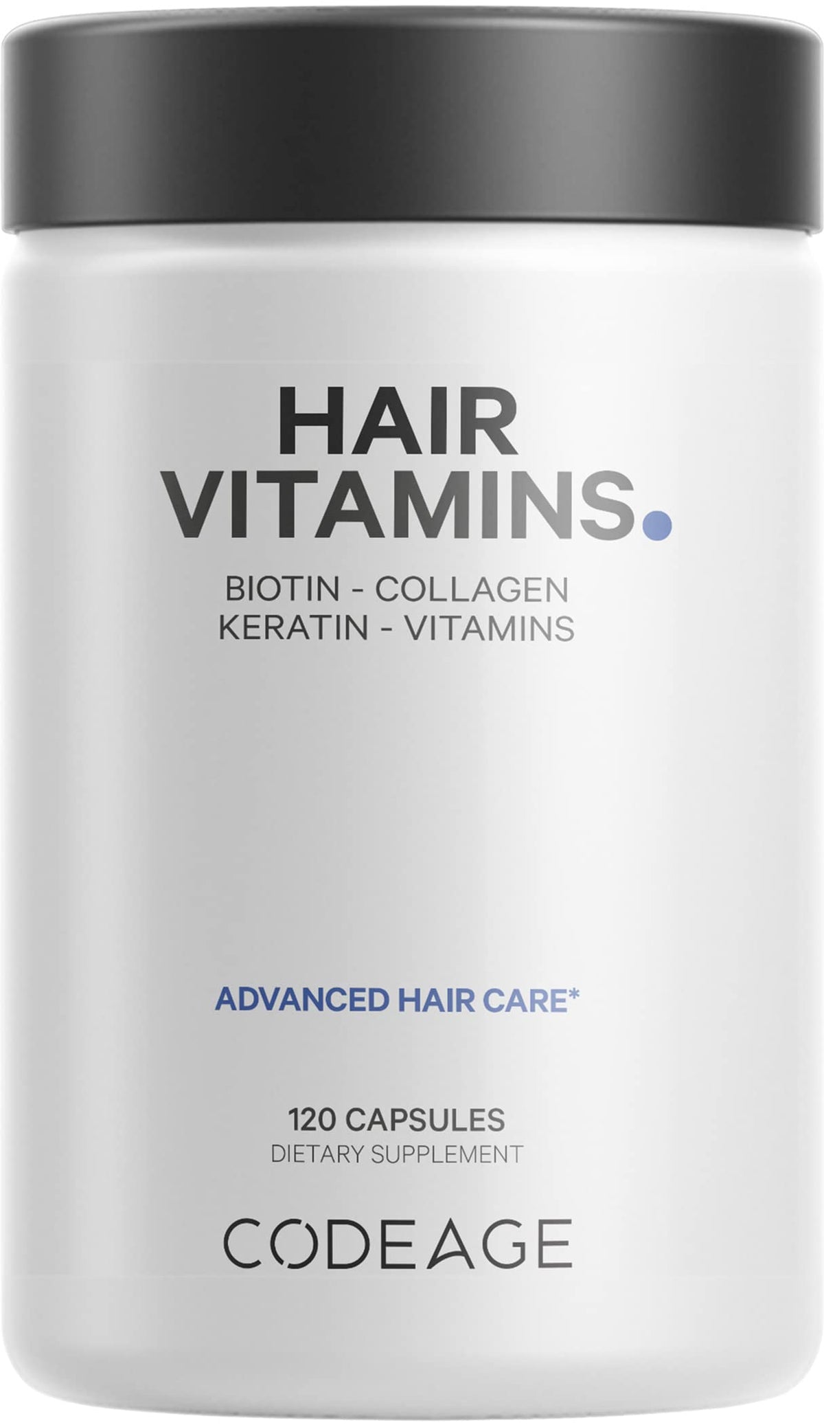 Codeage Hair Vitamins bottle showing 10000 mcg biotin, collagen, keratin, and vitamins