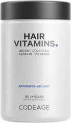 Codeage Hair Vitamins bottle showing 10000 mcg biotin, collagen, keratin, and vitamins