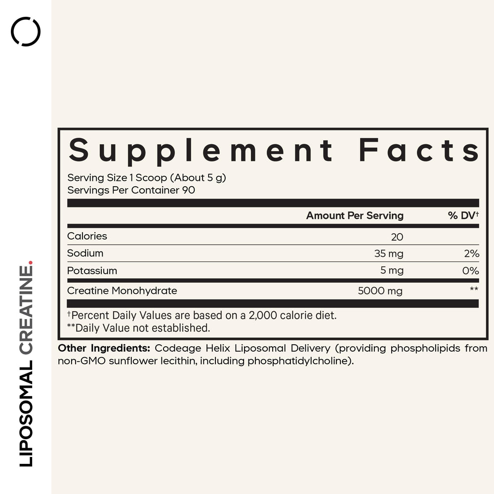 Close-up of Codeage liposomal creatine powder bottle highlighting purity and label.