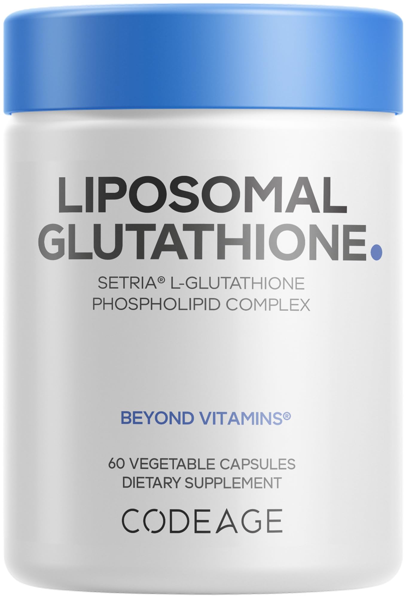 Codeage Liposomal Glutathione 500 mg cap illustrating high-potency Setria L-Glutathione.