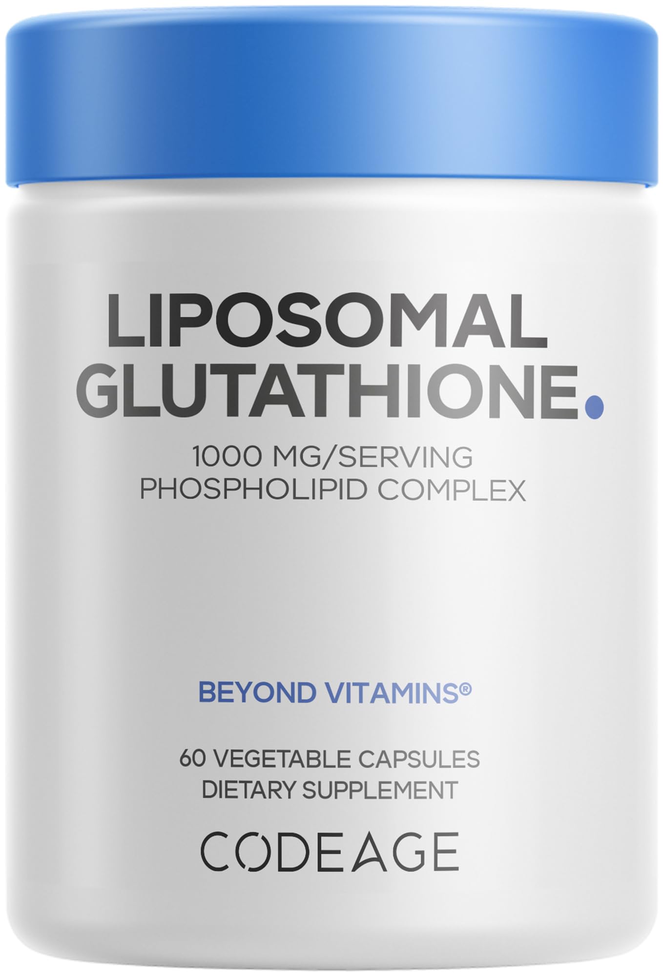 Codeage Liposomal Glutathione bottle shows high-potency 1000 mg in a convenient capsule.