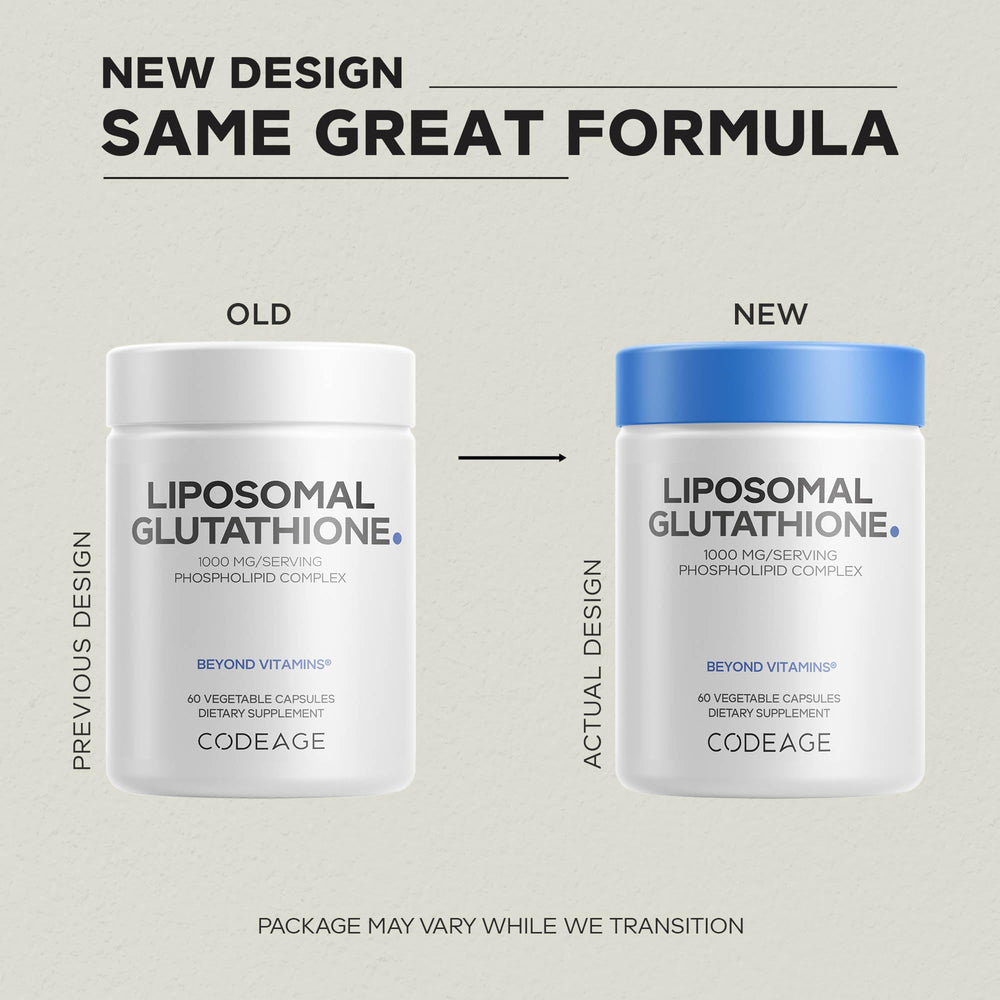 Codeage Liposomal Glutathione label highlights vegan and allergen-friendly features.