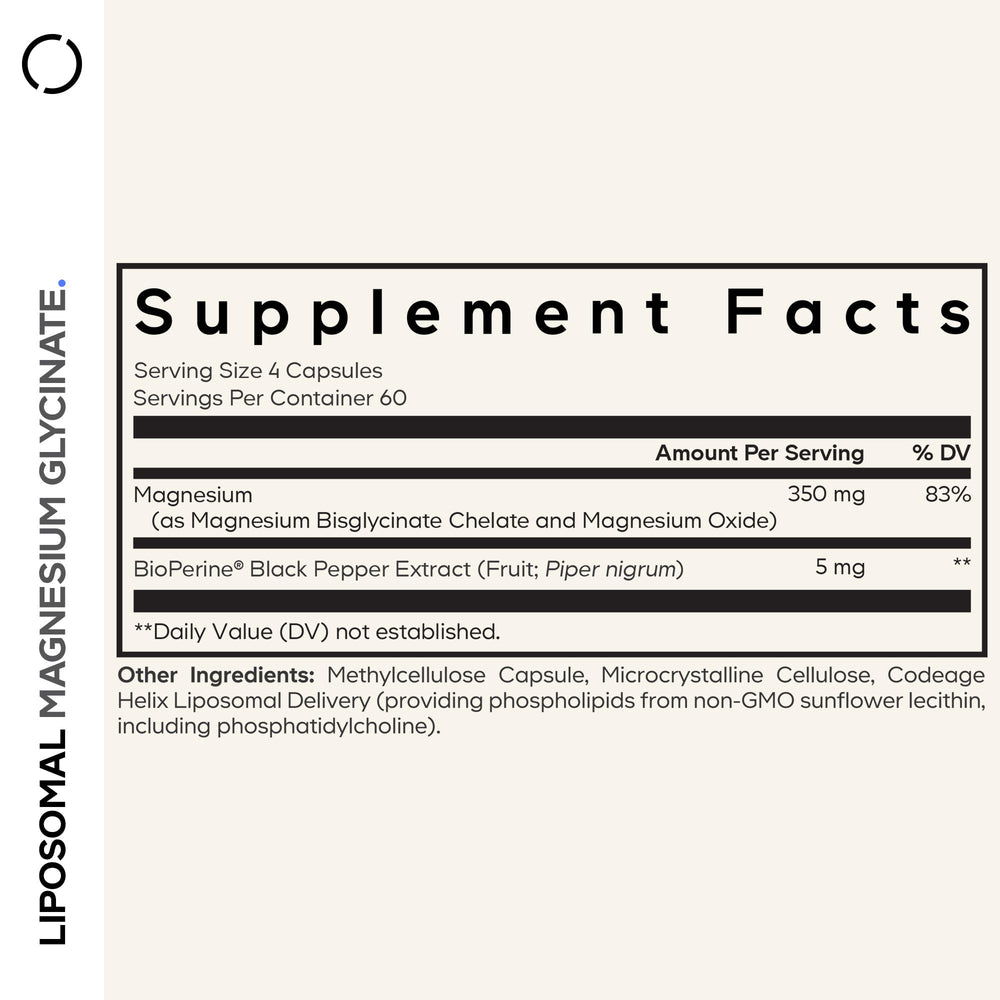 Close-up of Codeage Liposomal Magnesium Glycinate capsules, vegan and non-GMO formula.