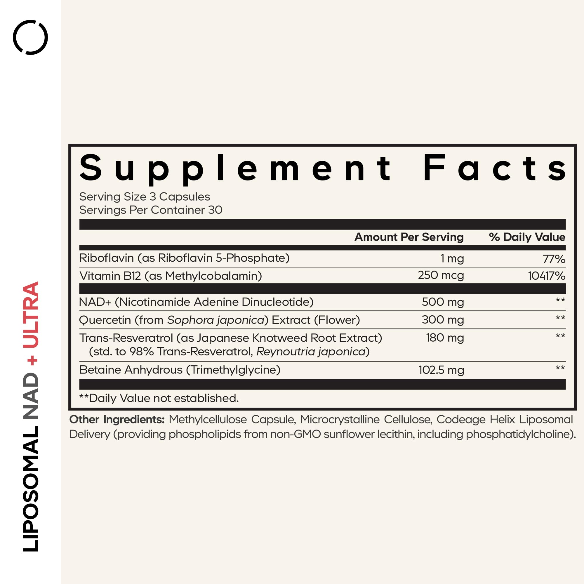 Label showing liposomal NAD Plus Ultra ingredients including resveratrol and B vitamins