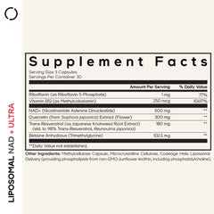 Label showing liposomal NAD Plus Ultra ingredients including resveratrol and B vitamins