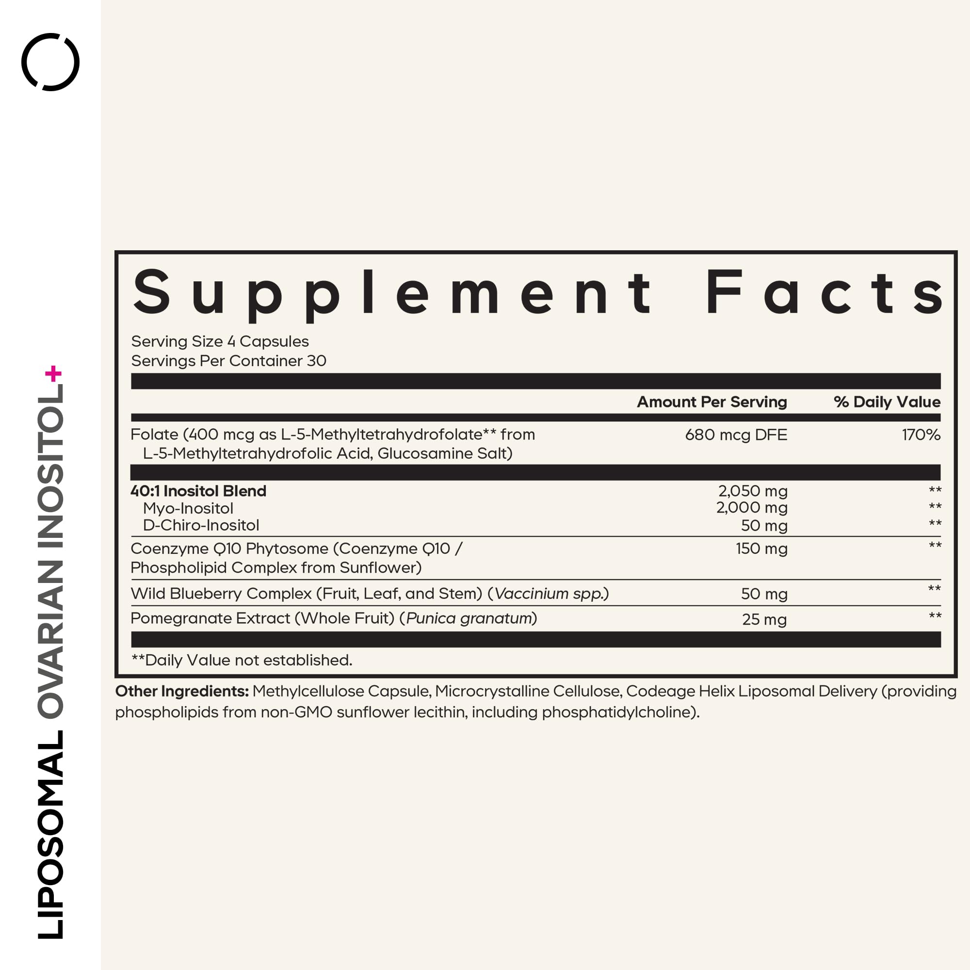 Codeage Liposomal Ovarian Inositol+ bottle with label close-up
