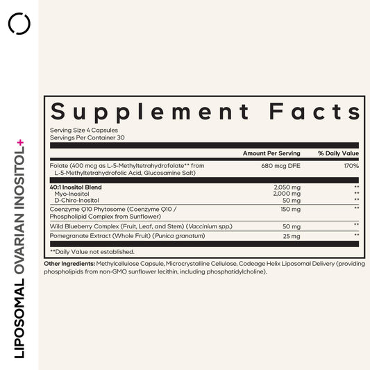 Codeage Liposomal Ovarian Inositol+ bottle with label close-up