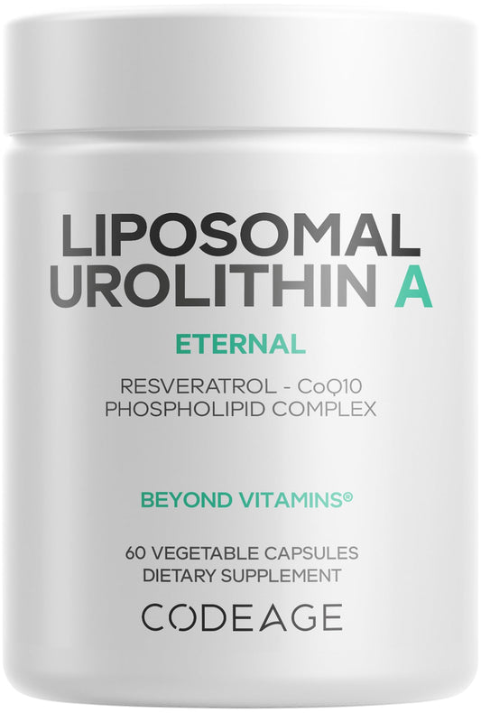 Codeage Liposomal Urolithin A bottle and capsules on white background