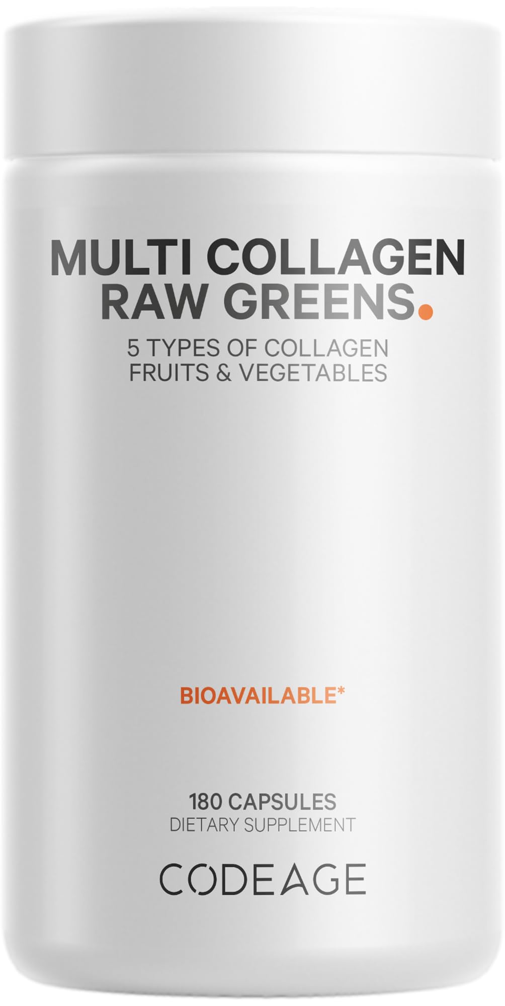 Bottle of Codeage Multi Collagen Raw Greens capsules, 180 count