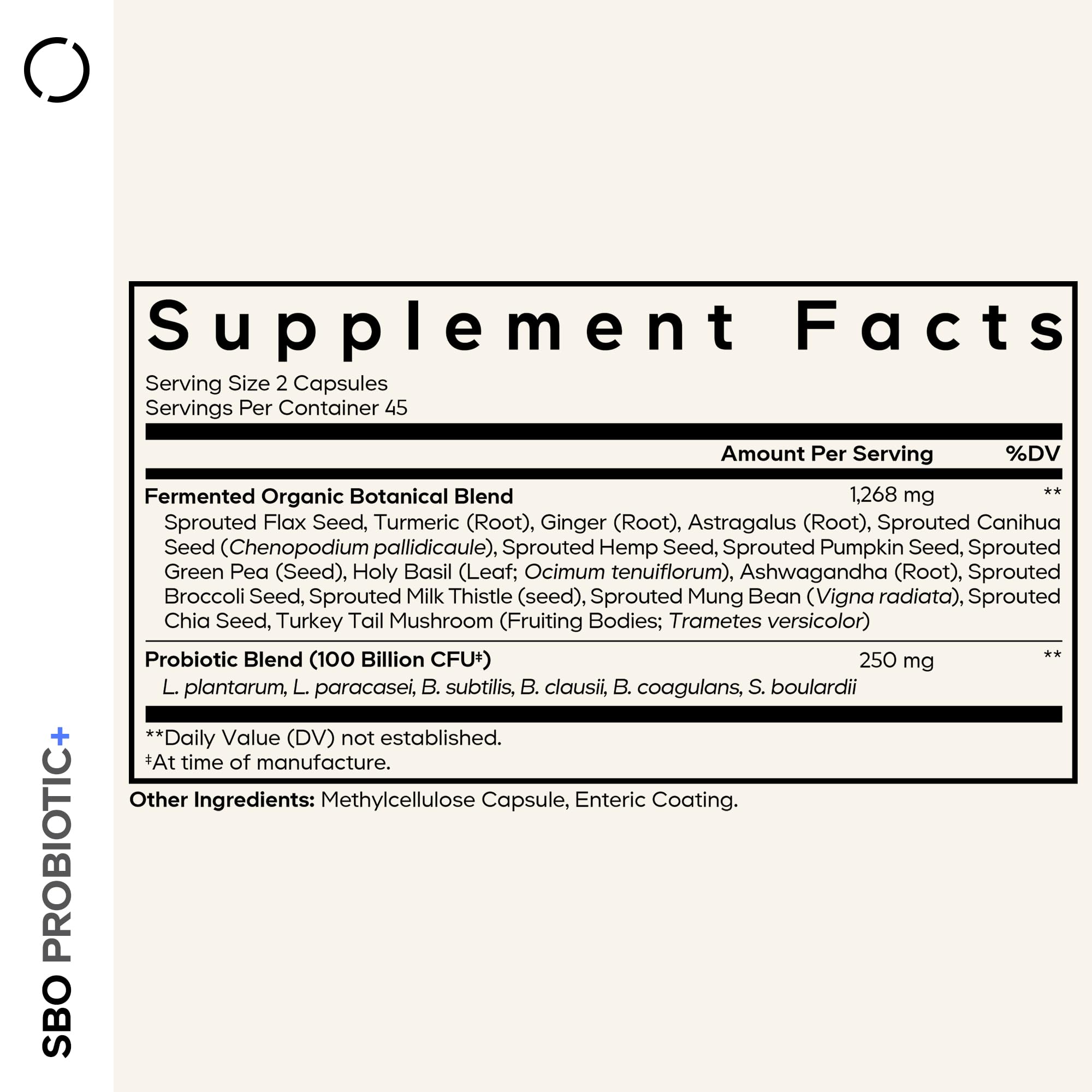 Codeage SBO Probiotic capsules close-up, easy daily intake.