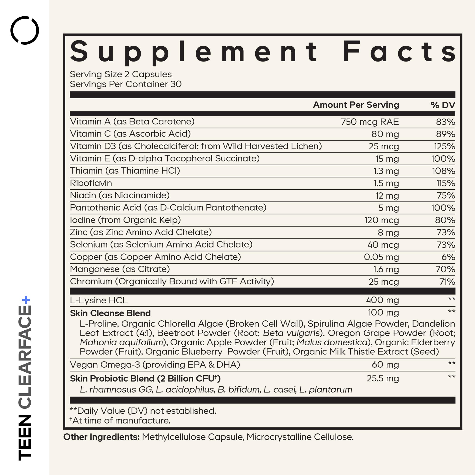 Front label of Codeage Teen Clearface showing vitamins A, C, D3, and E