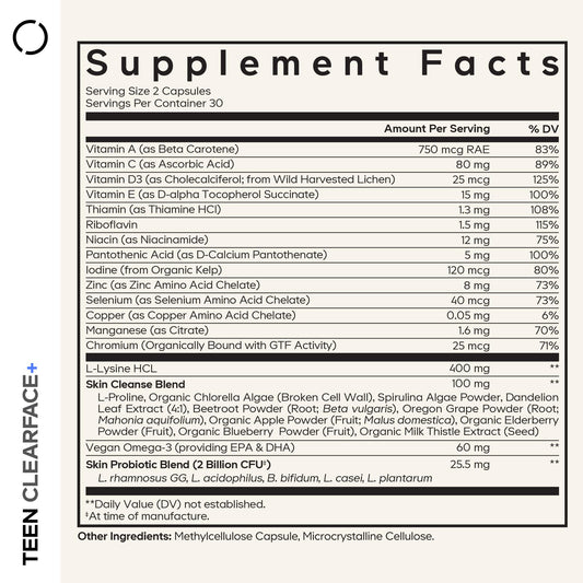 Front label of Codeage Teen Clearface showing vitamins A, C, D3, and E