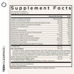Front label of Codeage Teen Clearface showing vitamins A, C, D3, and E