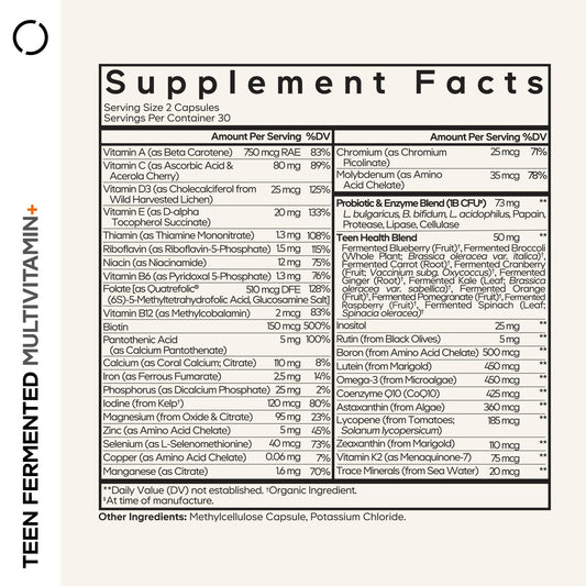 Close-up of Codeage Teen Multivitamin nutrition label