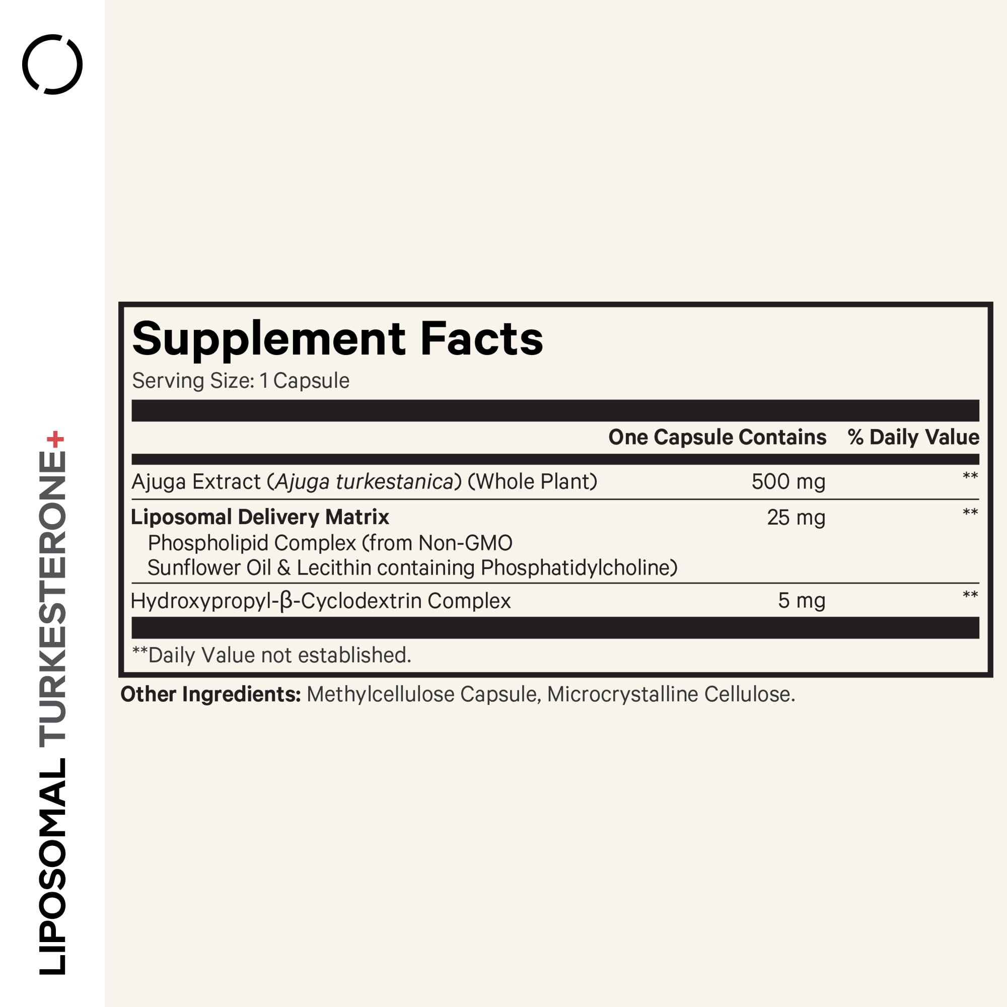 Supplement facts panel indicating 500 mg Ajuga turkestanica extract per serving