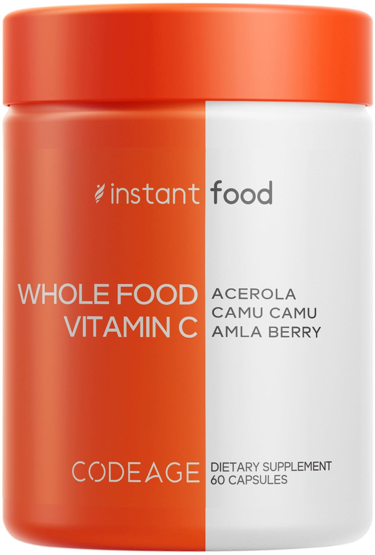 Codeage Whole Food Vitamin C blend with acerola, camu camu, amla berry and rose hips in a 60 capsule bottle (500 mg per serving).