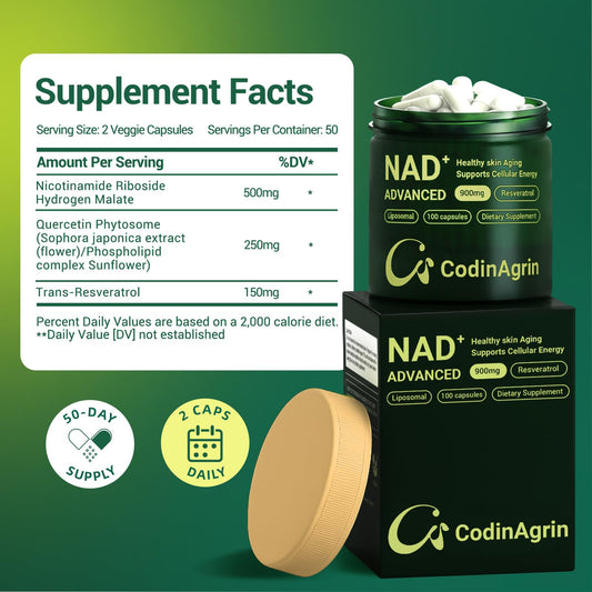 Close-up of NAD+ formula with Resveratrol 900mg on label
