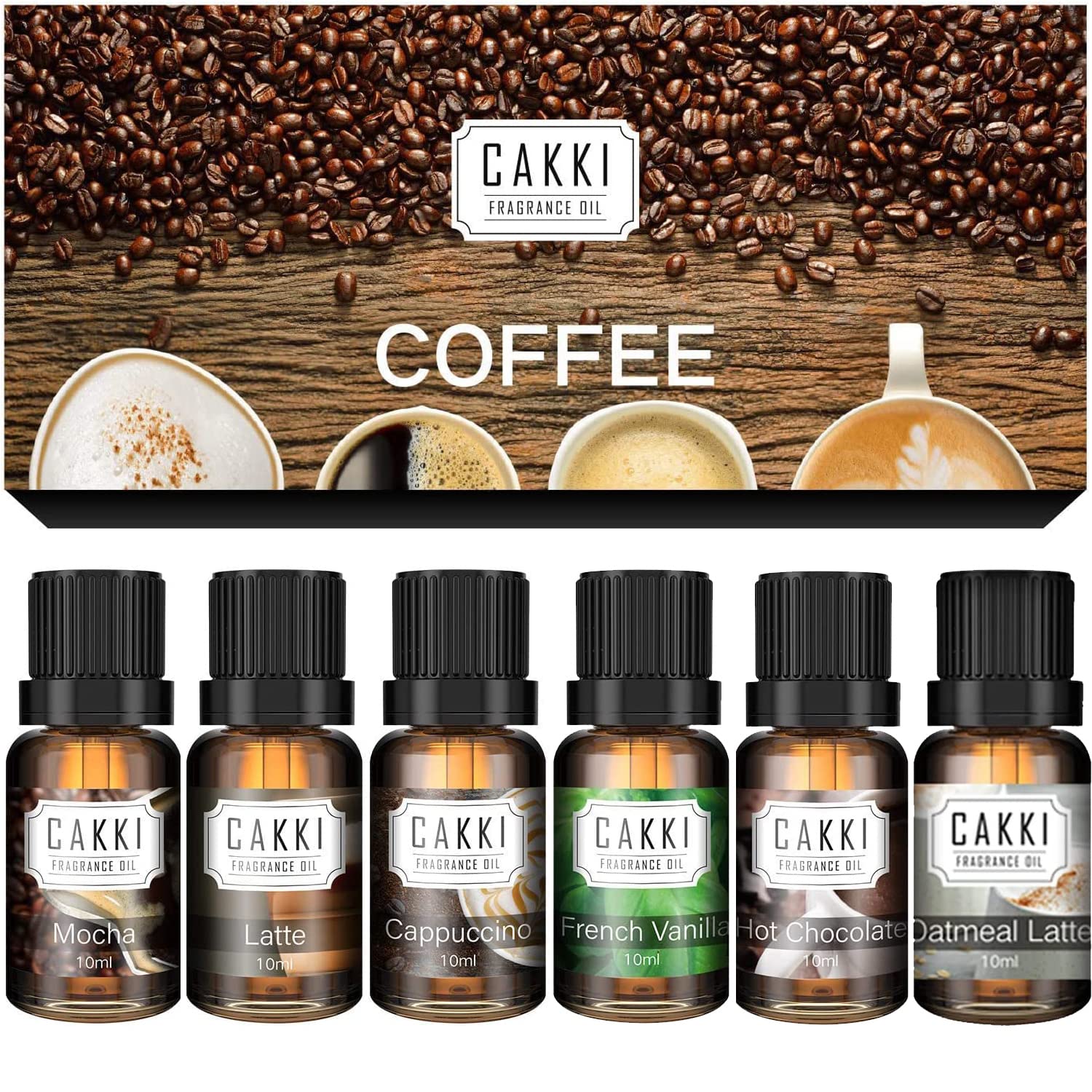 Six 10ml coffee fragrance oils in amber glass bottles for diffusers