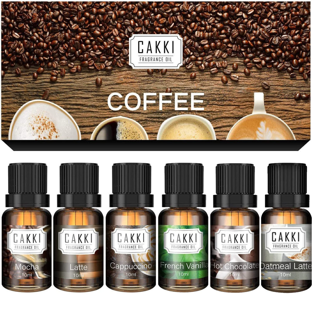 Six 10ml coffee fragrance oils in amber glass bottles for diffusers
